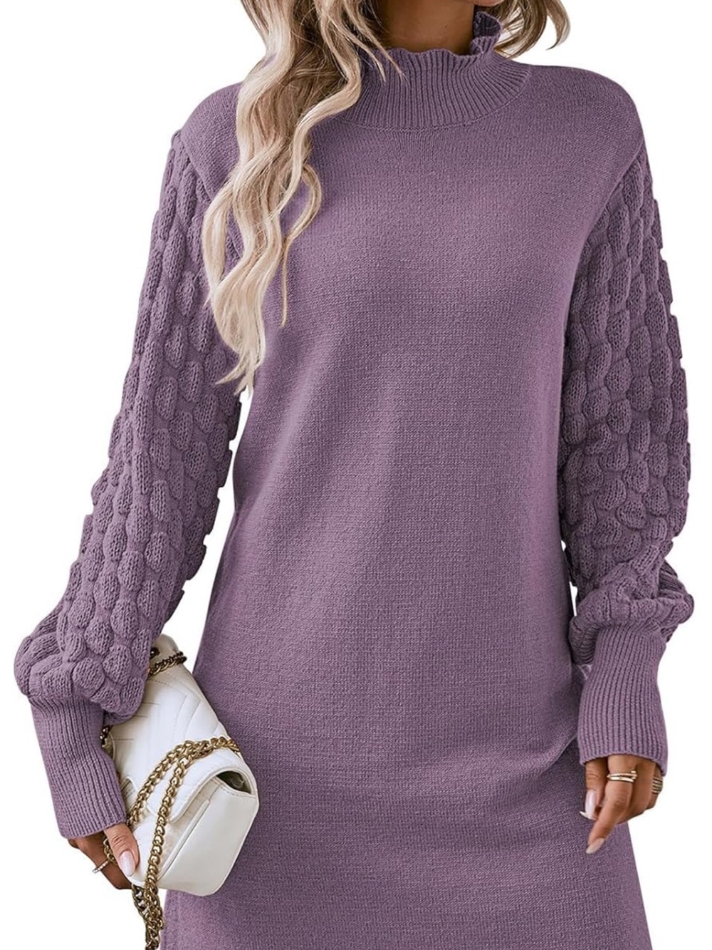 Pink Queen Cable-Sleeve Turtleneck Sweater Dress - Lavender